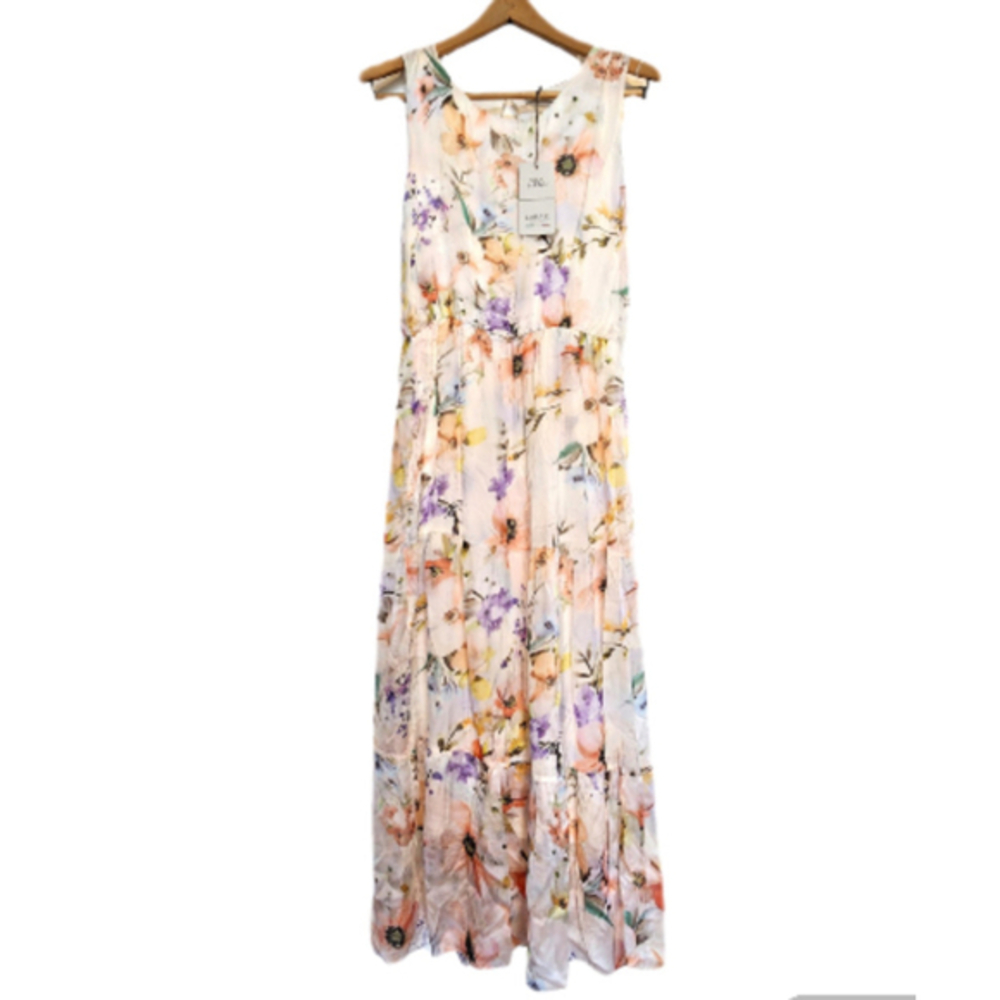 Lara G. Dress Tiered Floral Silk White Size M New w Tags ￼